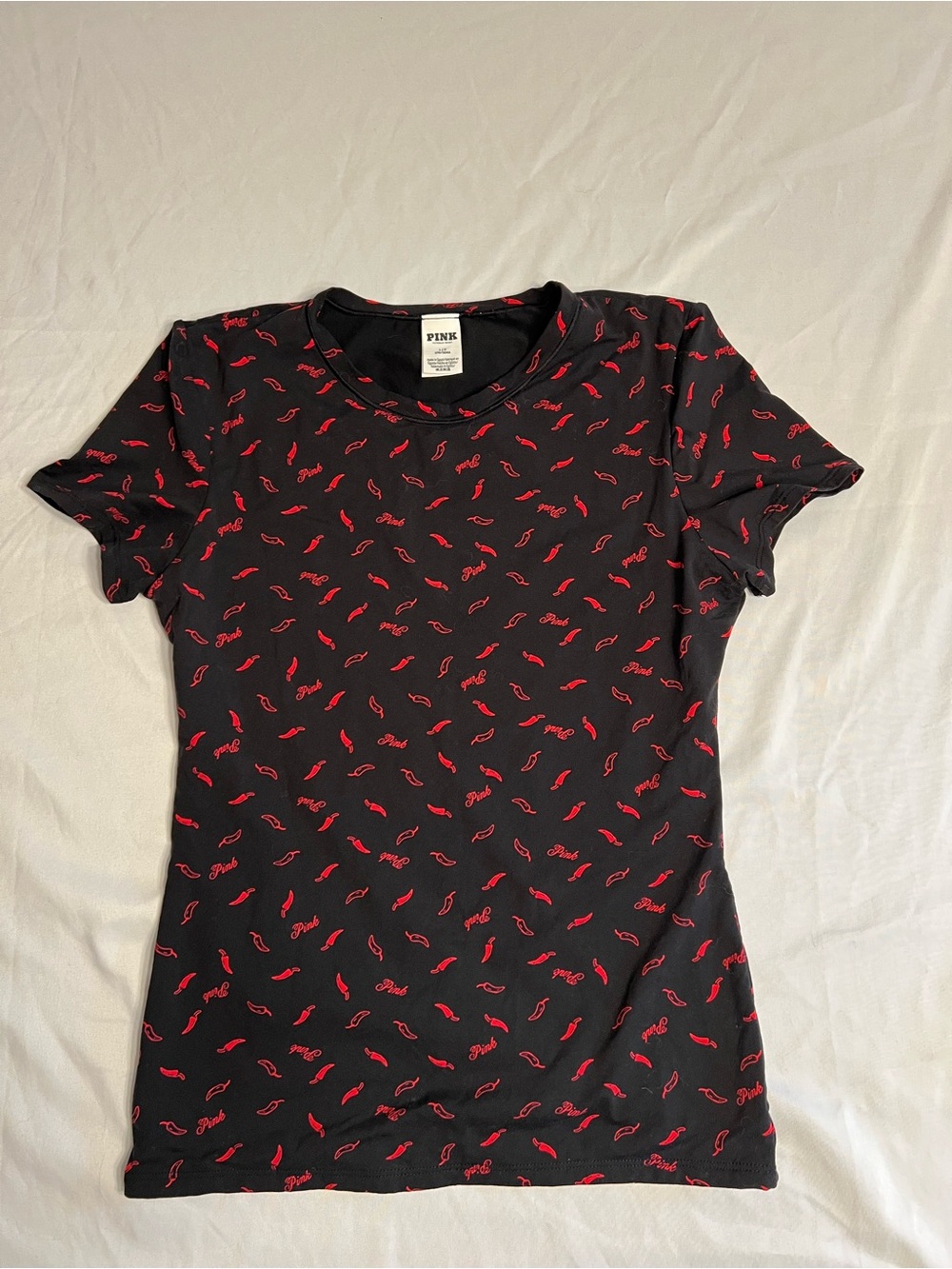 PINK Victoria's Secret Black Short-Sleeve Tee with Red Script Print